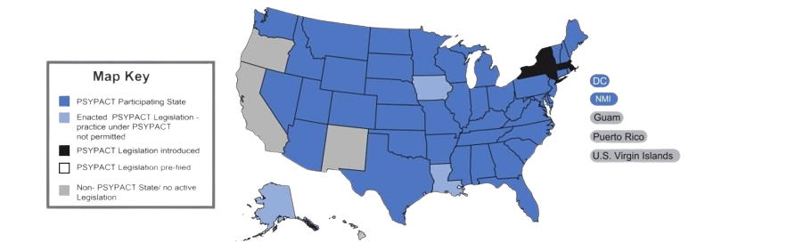 A map of the United States illustrating PSYPACT participating states and legislative status for Drvallis psychology services.
