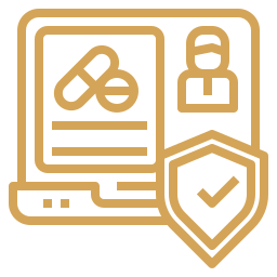 Gold outline icon showing a secure computer dashboard with medical prescription and profile icons for Drvallis.