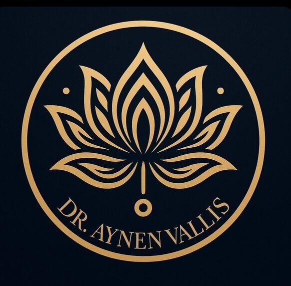 Gold circular logo featuring a lotus flower design and the text Dr. Aynen Vallis on a dark background.