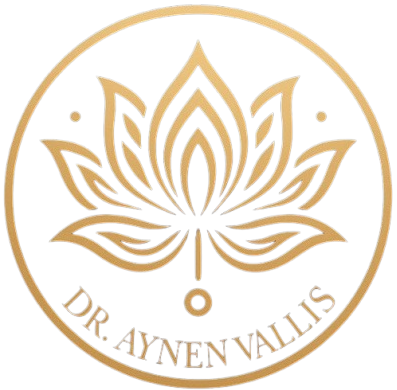 Official gold circular logo featuring a lotus flower design and the name Dr. Aynen Vallis.