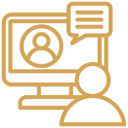 Gold outline icon of a person using a computer for online telehealth and virtual psychology consultation sessions.